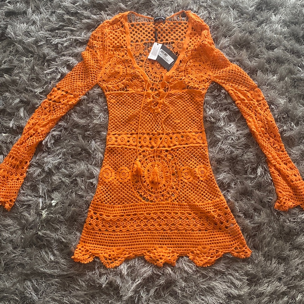 PrettyLittleThing  Orange Crochet Bathing Suit Cover Up Brand New